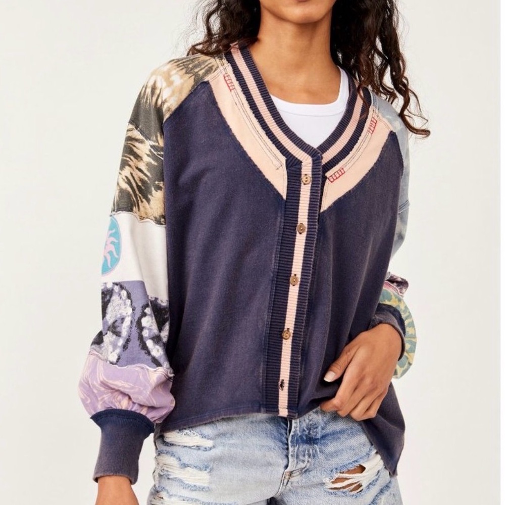 Free People Marley Tee Long Sleeve‎ Patchwork Boho Festival Top XS